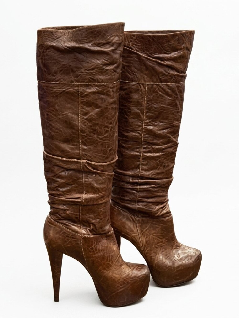 Alice + Olivia Chestnut Brown Slouchy Leather Platform Boots - Size 6 / 36